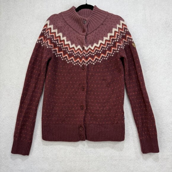 Fjallraven Sweater Cardigan Womens XL Burgundy Ovik Knit Fair Isle Wool 84148 - Picture 1 of 15